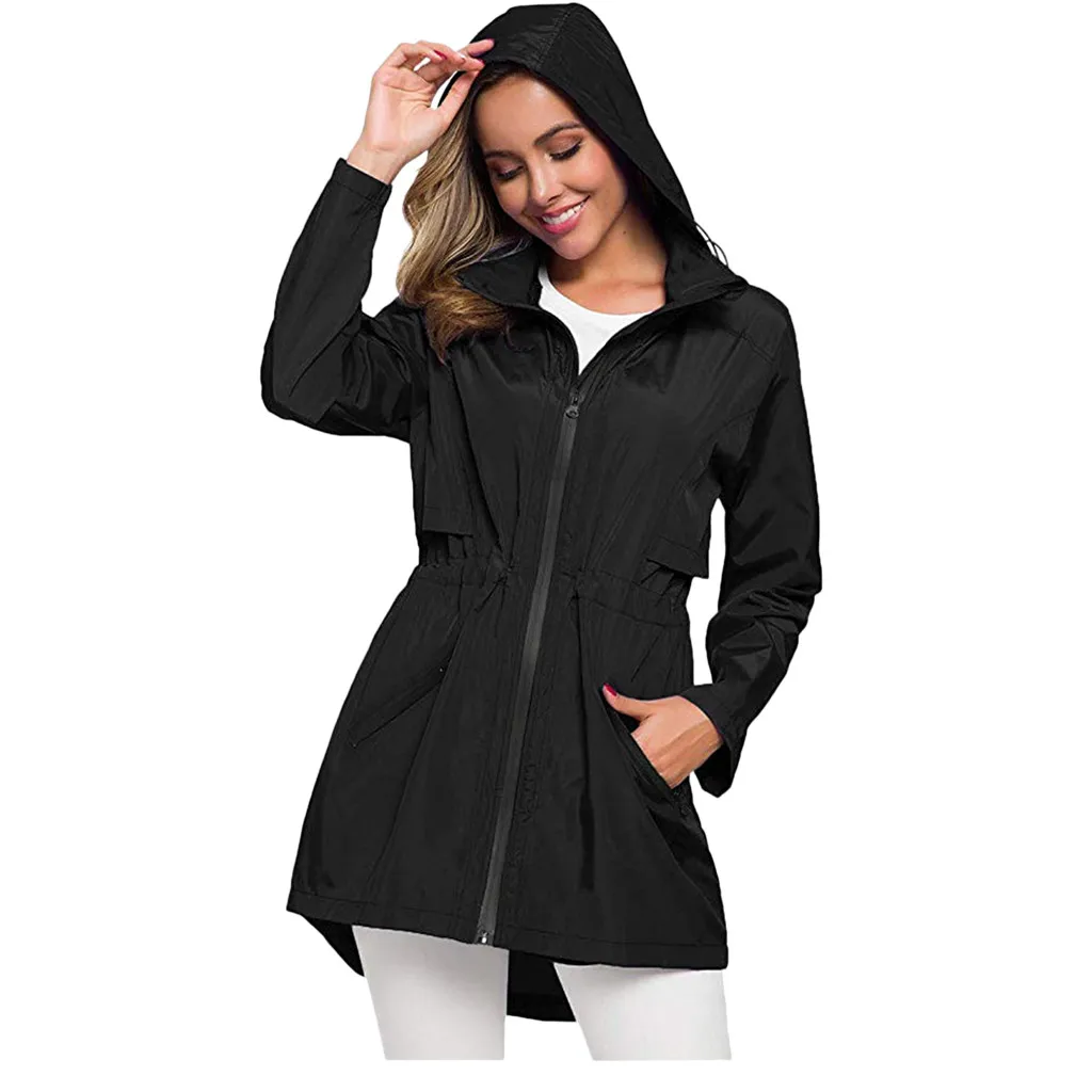 Осенняя Женская длинная куртка с капюшоном куртка-ветровка, ветрозащитная верхняя одежда на молнии с капюшоном Спортивные джоггеры уличные тонкие пальто однотонные куртки# J30 - Цвет: Black