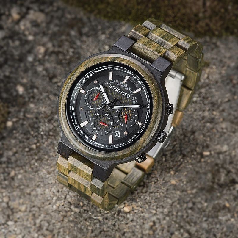 BOBO BIRD Men Wood Quartz Wristwatch Retro Green Sandalwood Timepiece Multifunctional Chronograph Accept Customized reloj hombre