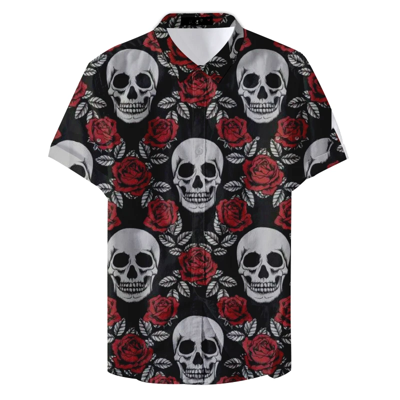 

2019 New Summer Pattern Man Skull and Rose Printed Casual Shirt
