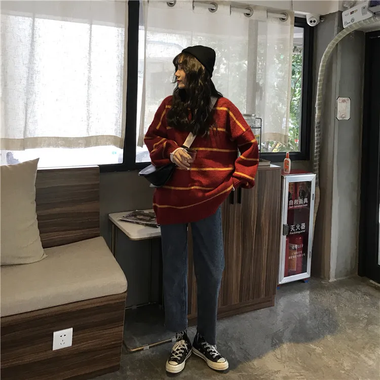 Пуловеры женские в полоску в Корейском стиле с круглым вырезом свободные свитера простые Harajuku Bf Ретро вязаные женские s высокое качество зимняя одежда