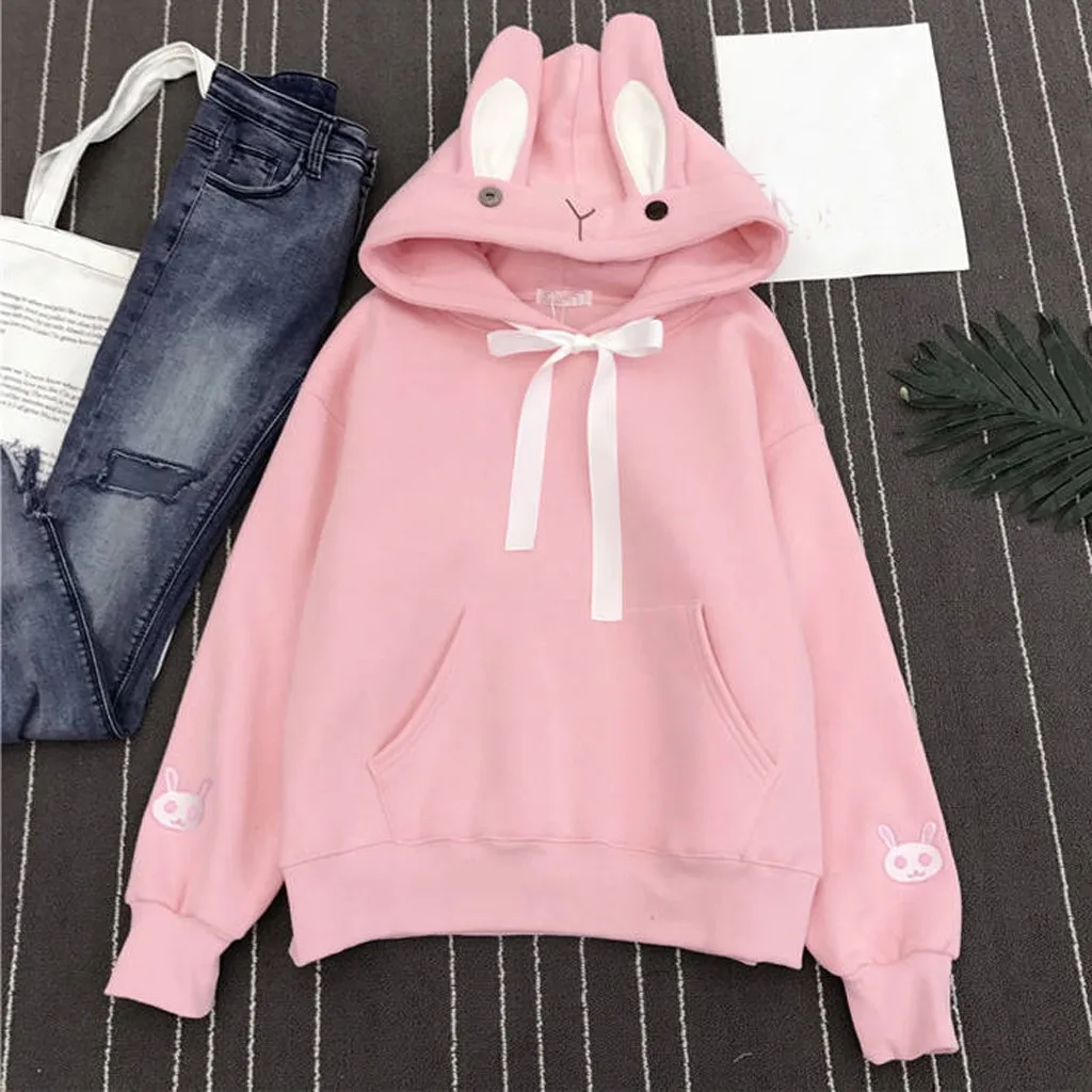 Kawaii/толстовка с капюшоном с милыми заячьими ушками; женские толстовки в стиле Харадзюку; свободные спортивные костюмы с вышивкой; пуловеры; Moletom; большие размеры XXL