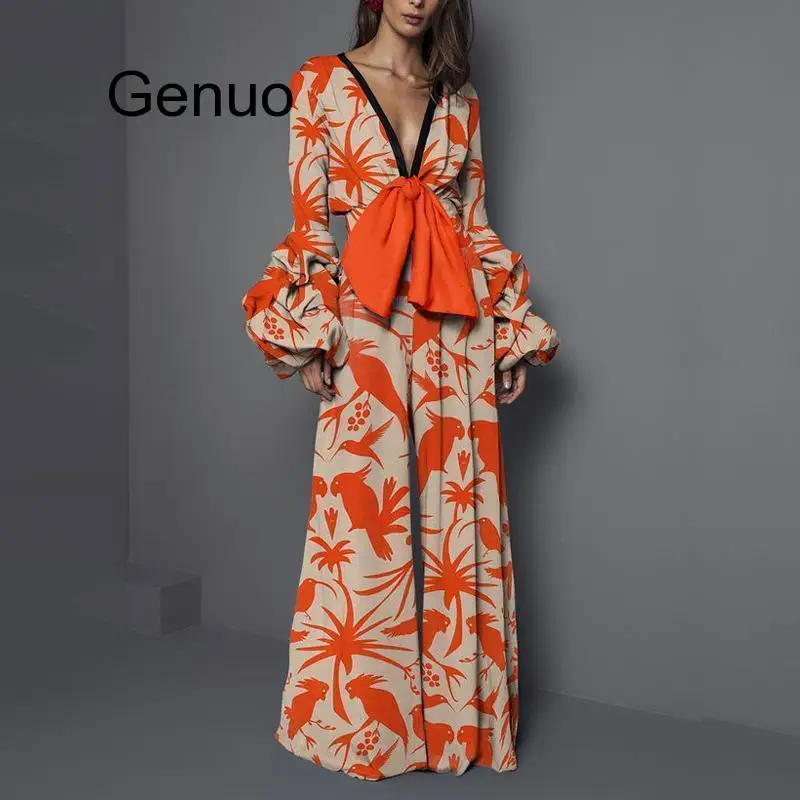 Fashion Women Lantern Sleeve Print Jumpsuits Sexy V-Neck Boho Wide Leg Jumpsuits Bohemian Lady Long Sleeve Summer Beach Overalls