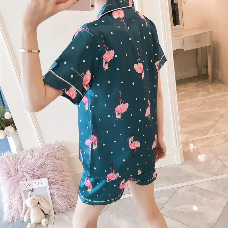 INS Pajamas Women's Summer Short-sleeved Sweet Korean-style Flamingo Summer Women's Imitated Silk Fabric Home Wear Two-Piece Set