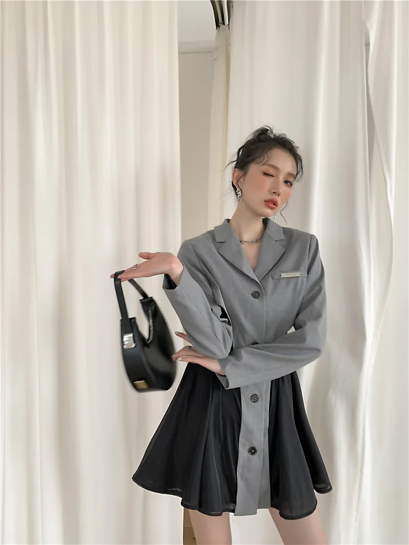 Contest ERART Robe Blazer en Maille Grise pour Femme Patchwork Style Preppy Mode Automne Designer Mini A Line Vetements Coreens 2 Pcs