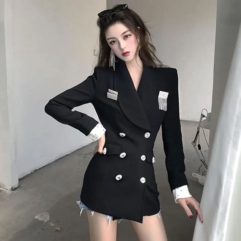Костюм блузки стиль корейско-Стиль модное двубортное Slim Fit сети красные, черные костюмы для маленьких пальто