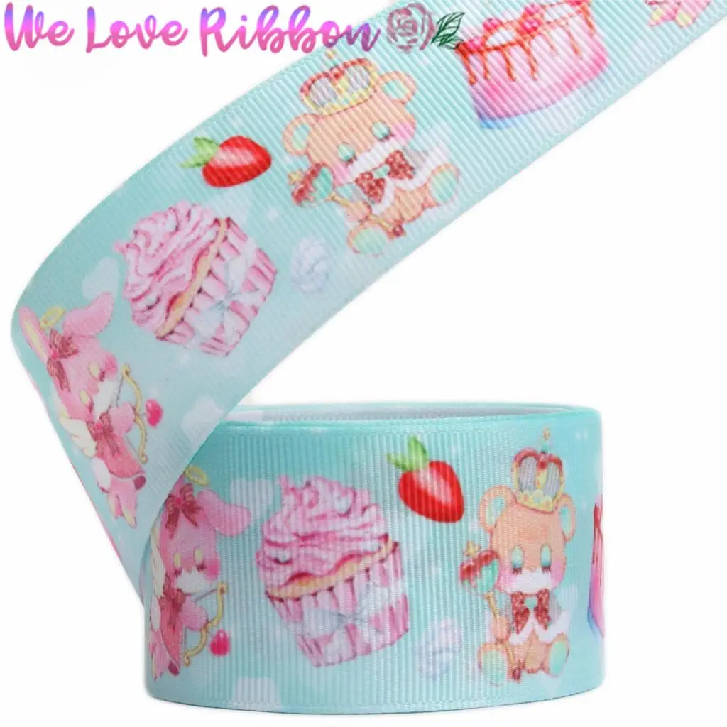 16mm-75mm Cartoon Rabbit Bear Cupcake Strawberry Printed Grosgrain/Foe Ribbon Stripes Star DIY Hair Bowknots Gift 50yards/roll