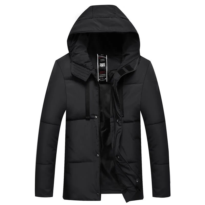 Мужские парки с капюшоном, новая зимняя Толстая деловая повседневная куртка, пальто высокого качества из полиэфирного волокна, ветрозащитная Теплая мужская одежда - Цвет: Black