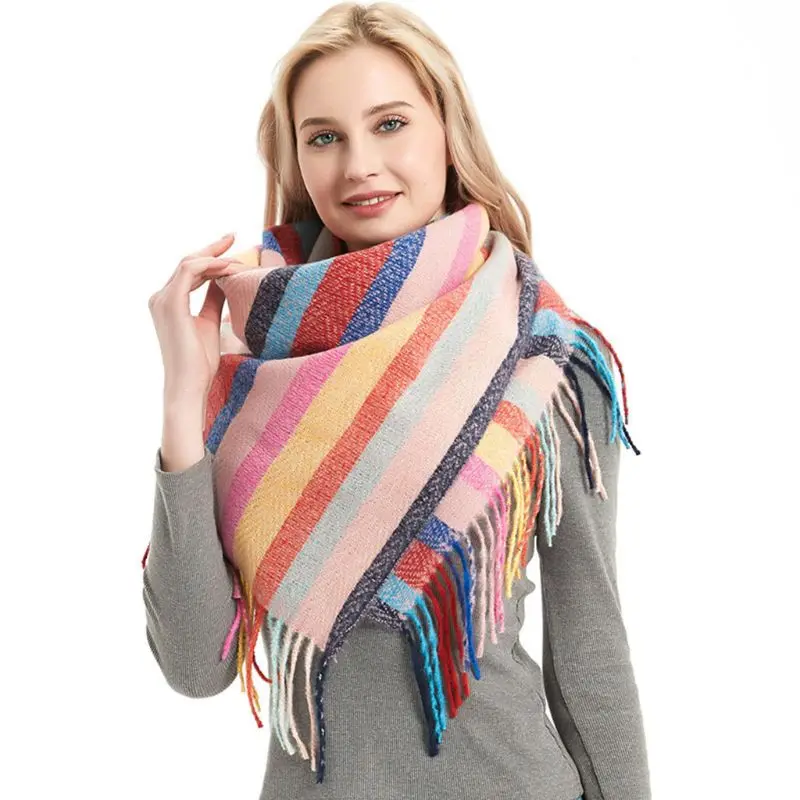 

Women Men Autumn Polyester Long Tassels Large Scarf Rainbow Bright Colorful Striped Knitted Thick Warm Square Shawl Wrap Blanket