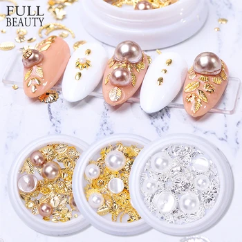 

1 box 3D Metal Nail Art Decorations Pearl Stones Winter Mixed DIY Designs UV Gel Jewelry Rhinestone Nail Accessories CH1550