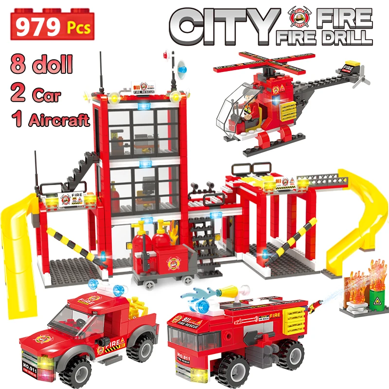 979pcs City Fire Station Building Blocks Sets Compatible Police Rescue Truck Car Bricks Toys for Children | Игрушки и хобби
