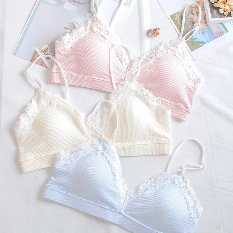 

Japanese Womens Teen Girls Sweet Solid color No rims Bra & Brief Sets Lolita Cute Lace Trim Underwear Sets Small fresh Bra Sets