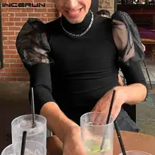 

INCERUN Tops 2021 American Style New Men Shoulder Stitching Lace Camiseta See-through High-neck Tees Stretch Knit T-Shirts S-5XL