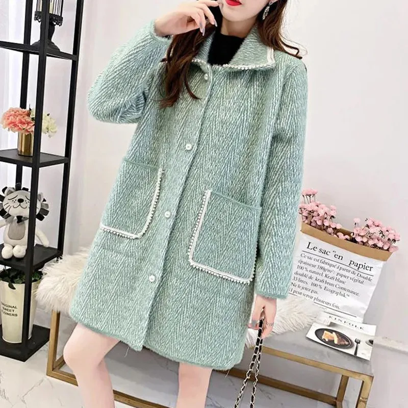 

Новое Женское шерстяное пальто на одной пуговице с длинным рукавом, повседневное шерстяное пальто средней длины, Свободное пальто с отложным воротником, зимние норковые пальто для женщин