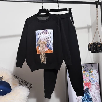 

Autumn Winter New Knit Set Women Beading Loose Long sleeve knitted Sweater Pullover + Small feet Pants Fashion 2 piece set women