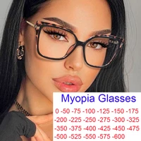 Stylish Optics Minus Myopia Glasses Women Leopard Oversized Square Eyeglasses Frame Metal Computer Anti Blue Light Glasses 0~-6. 1