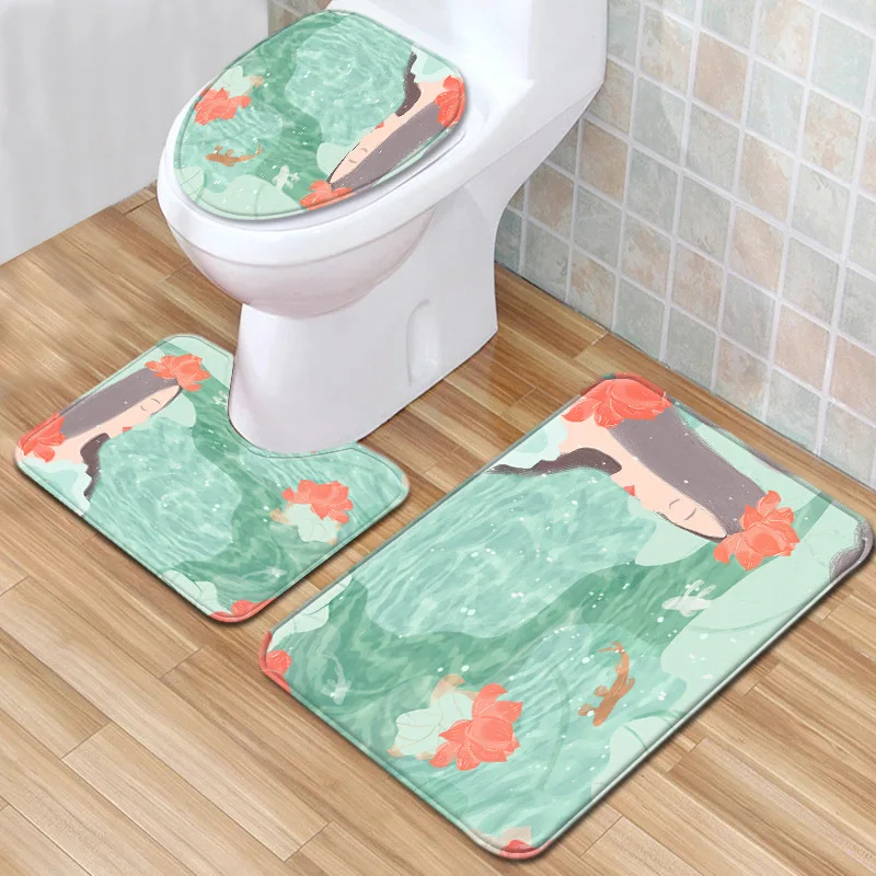 Zeegle 3pcs Bath Mat Set Anti Slip Toilet Pedestal Rug Absorbent Bathroom Doormat Shower Mat Flannel Soft Toilet Cover Seat Mat