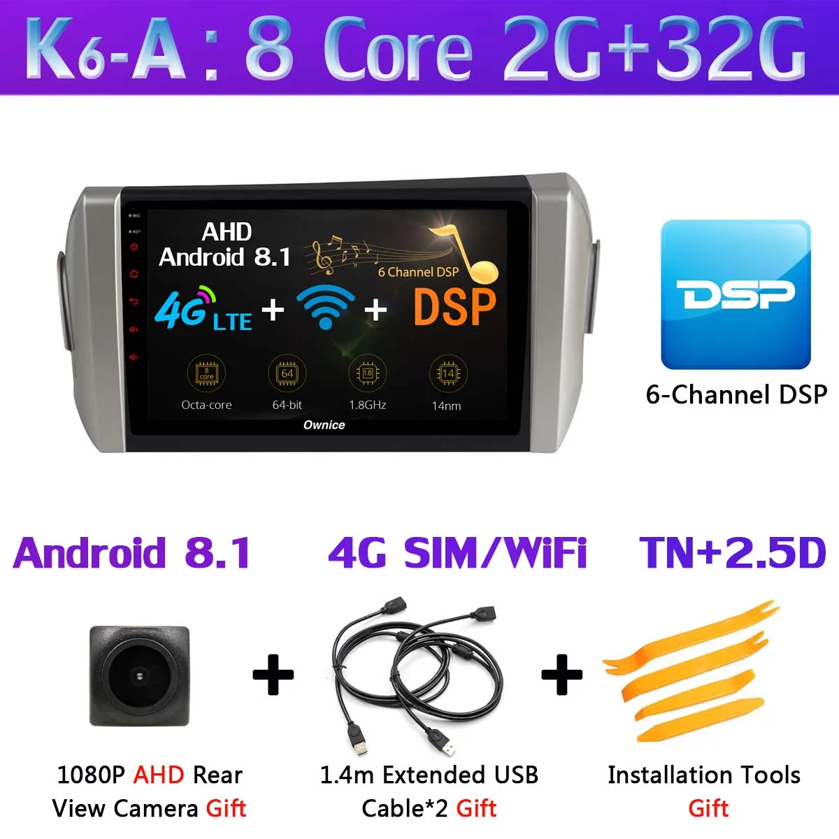 360 ° панорамный 4G WiFi Android 9,0 8Core 4G+ 64G Автомобильный мультимедийный плеер gps компактное минирадио CarPlay для Toyota Innova Crystal - Цвет: K6-A