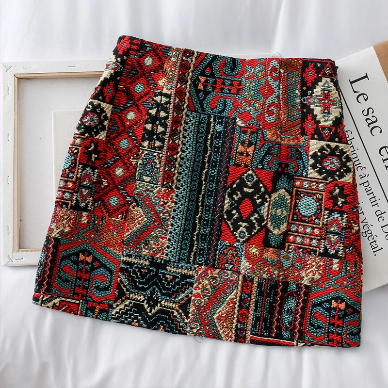 2020 Skirts Woman Boho Embroidery High Waist Mini Skirt Vintage Literary Girls Chic Pattern A-line Wrap Skirts