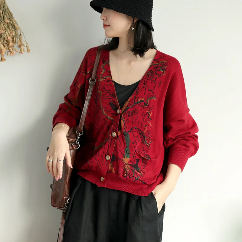 

autumn new cotton print map cardigan casual retro long-sleeved sweater women L1055 2784