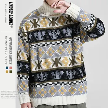 

Lindsey Seader Mens Sweaters Pullover Knit Coat Sweater Turtleneck Sweater Striped Patchwork Cotton Warm Winter Inside Outwear