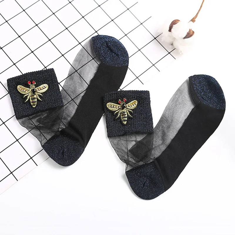 Navy Blue Стильные блестящие носки для женщин, модные носки без пятки с вышивкой бисером и пчелами, блестящие Серебристые носки без пятки, прозрачные эластичные чулочно-носочные изделия - Цвет: Navy Blue