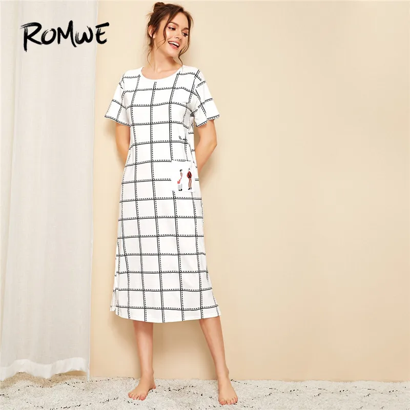 

ROMWE Figure Print Plaid Night Dress Women Casual Round Neck Pocket Sleepwear 2019 Short Sleeve Midi Sleeping Dress Nightwear