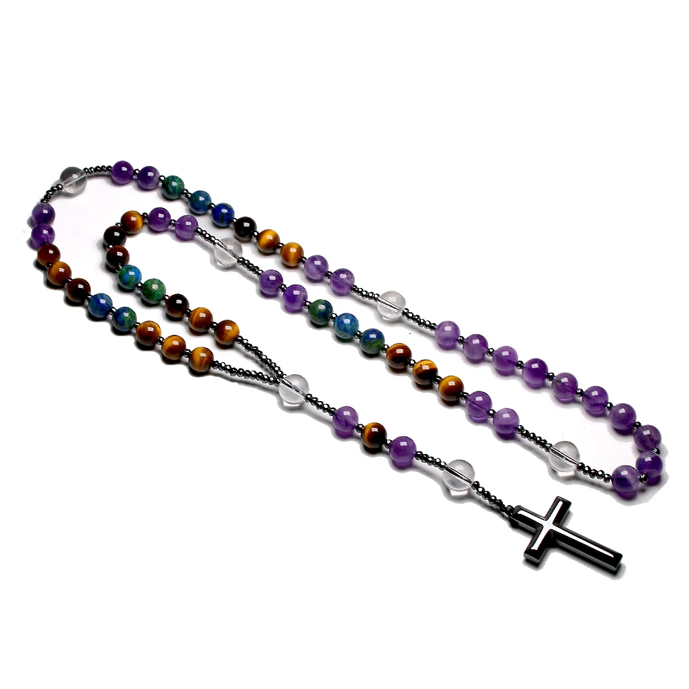 Natural Amethyst Catholic Christ Rosary Necklaces For Women Men Tiger Eye Hematite Cross Pendant Meditation Mala Jewelry