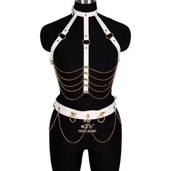 

Punk Chain Leather Harness Bra Crop Top Cage Waist Belt Street Trend White Suspender Bondage Sexy Lingerie Set Dance Rave Women