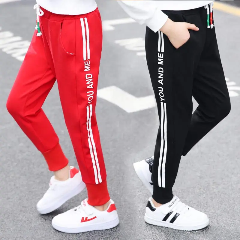 New Fashion Kids Stripe Side Sports Pants For Girls Kids Cotton Sweat Pants Girls Causal Red Black Trousers with White Stripe