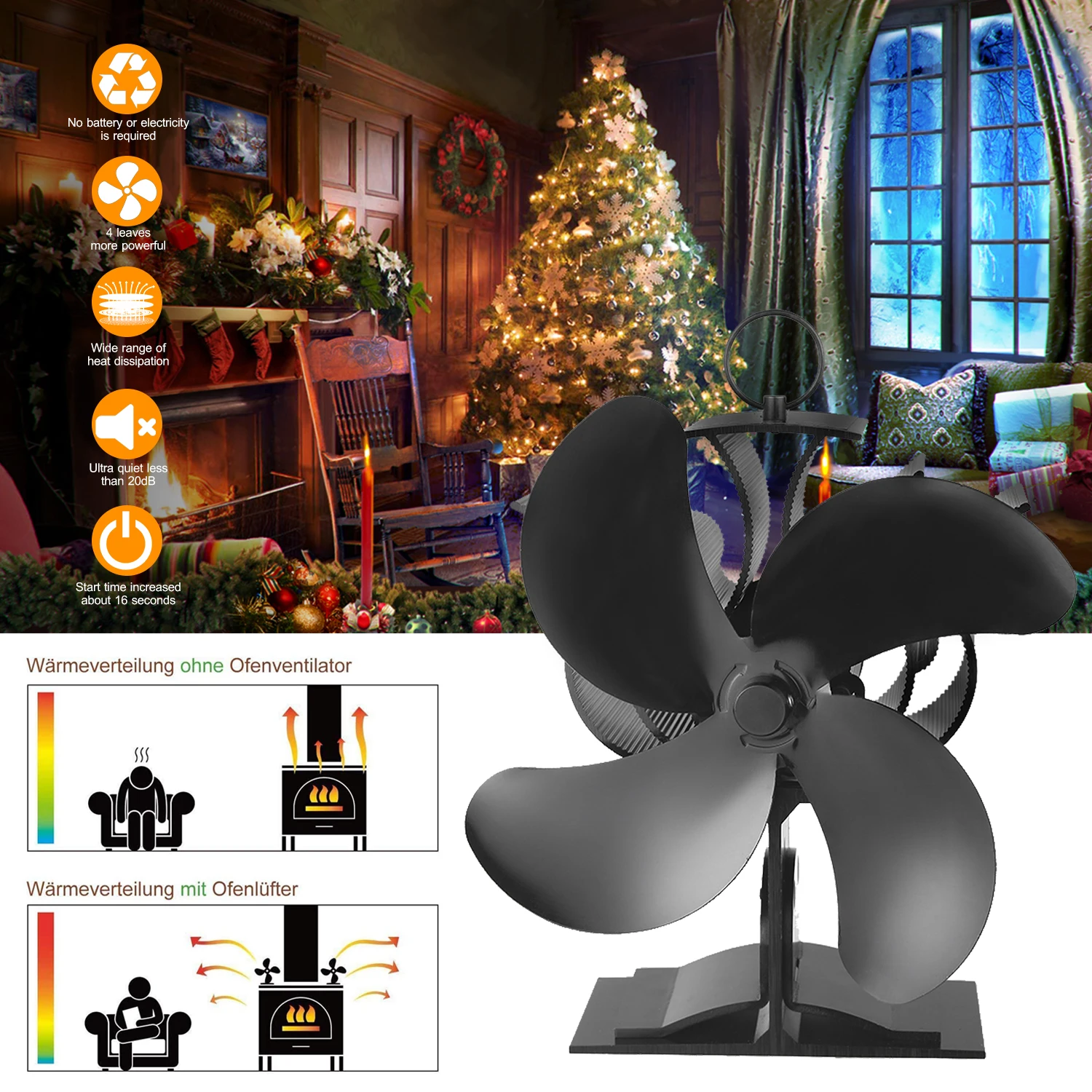 Черный камин 4 лопасти вентилятор для печи работающий от тепловой энергии бревен