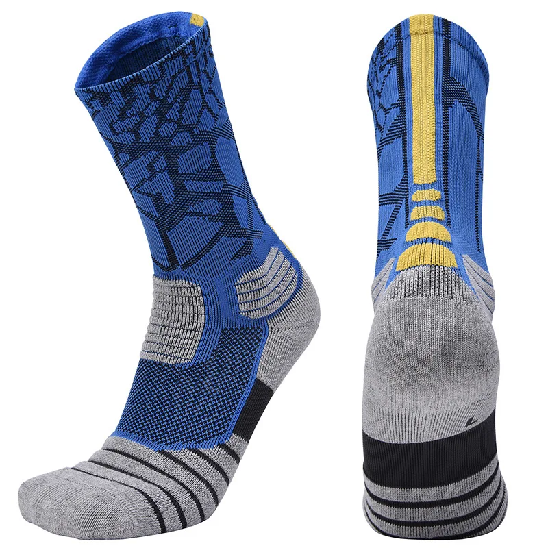 Basketball Socks Unisex Cotton Breathable Anti-friction Sox Sweat-absorbing Sports Skateboard Towel Socks Adult Fitness - Цвет: BlueYellow