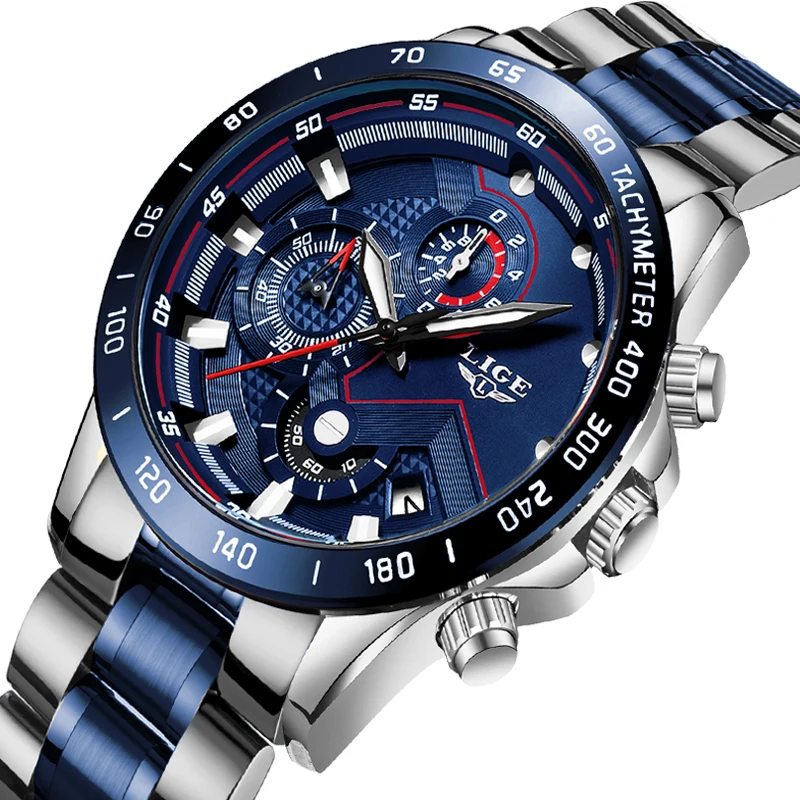

2020 New Mens Watches LIGE Top Luxury Brand Business Blue Stainless Steel Quartz Watch Mens Casual Waterproof Date Chronograph