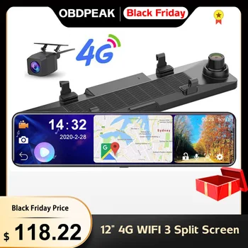 

OBEPEAK Smart Android 8.1 12" 4G Wifi Car Dash DVR Cam Rearview Mirror DVR 3 Split Screen 24H Park ADAS Dash Car Video Recorder