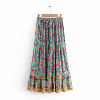 

Summer New Rose Floral Print Maxi Skirts Casual Bohemian Skirt Female Cotton Rayon Boho Chic Gpysy Style Saia Mujer Flada
