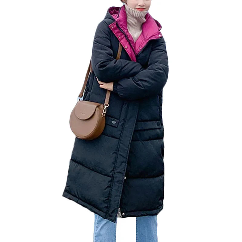 Новая зимняя Корейская длинная хлопковая куртка-пуховик женская Свободная Повседневная теплая хлопковая куртка кремово-белая женская парка с капюшоном F878 - Цвет: Black
