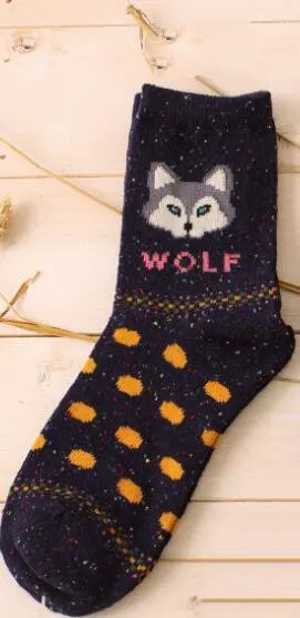 wolf navy Милые теплые носки с рисунками животных; женские новые японские Носки с рисунком оленя, кота, лисы, волка; шерстяные смешанные дышащие носки; сезон осень-зима - Цвет: wolf navy