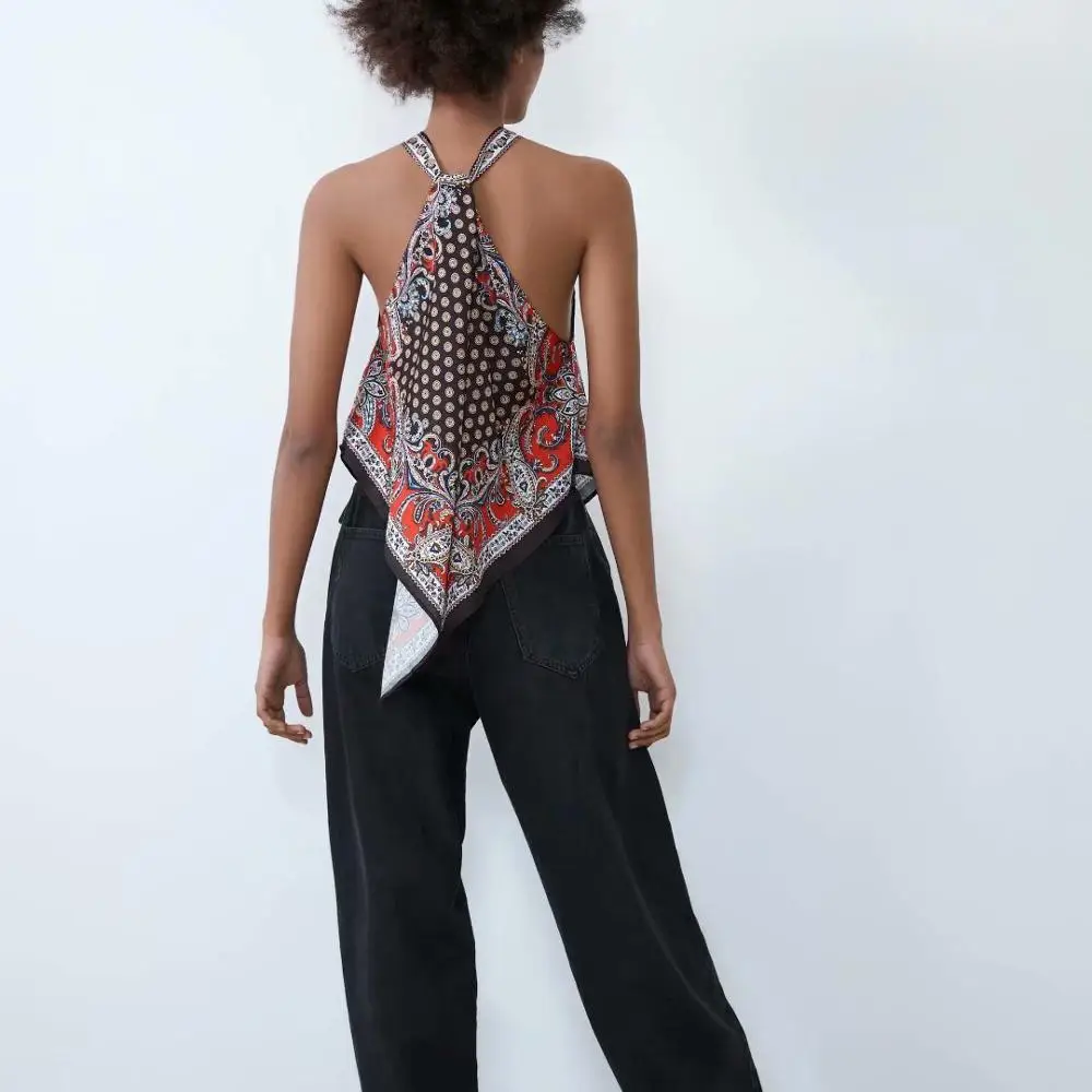 ZA Spring Summer Printed Sling Tops Women T Shirt Fashion Clothes Sleeveless Printing Halter Top Statement Clothing New