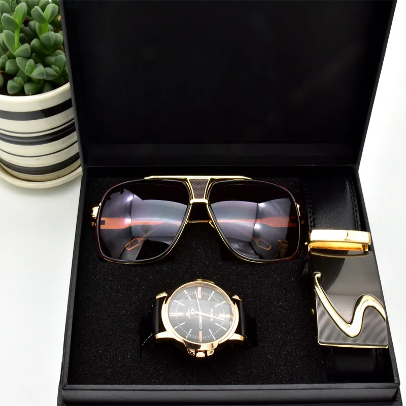 Высокое качество Мужской Бизнес Подарочный набор солнцезащитные очки ремень Мальчик День рождения сюрприз кварцевые часы Подарочная коробка подарок на год включая коробку