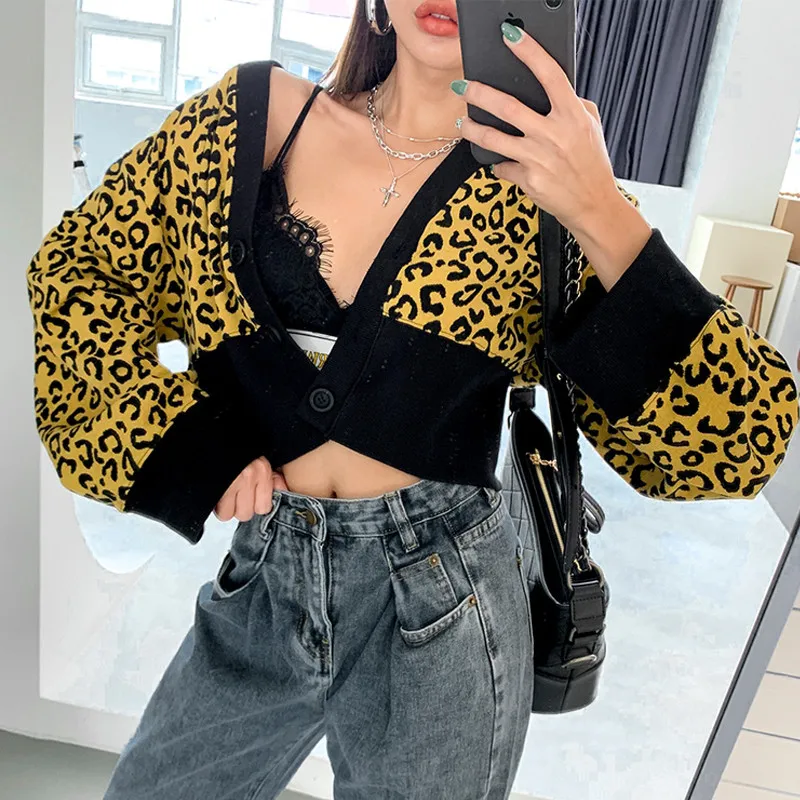 

Fashion Women Leopard Patchwork Cardigan Autumn Crop Top Casual V Neck Long Sleeve Knit Button Cardigan Coat Sweater Streetwear