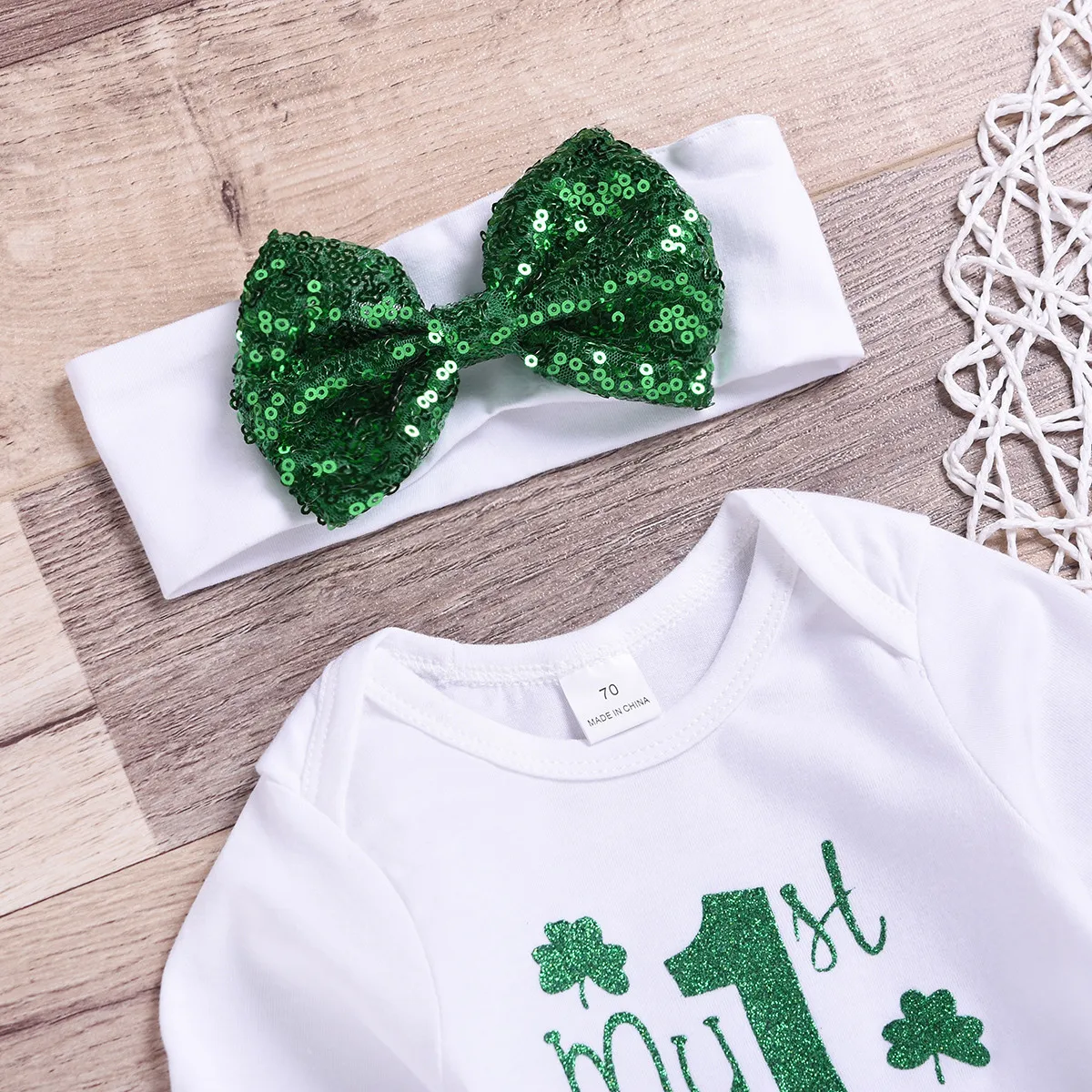 Одежда для новорожденных девочек Комбинезон с надписью «My First St. Patrick's Day»+ кружевная юбка-пачка+ гетры+ повязка на голову