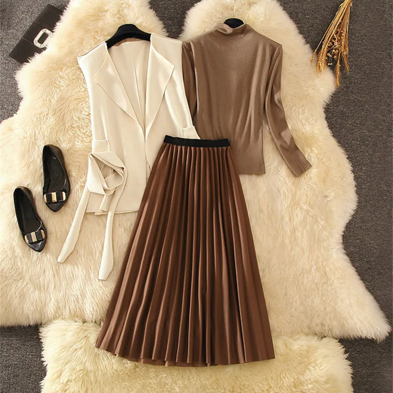 Autumn Winter Dress Suit Women Elegant Beading Long Sleeve Knit Bodycon Mid-Calf Long Sweater Dress Set Casual Spring