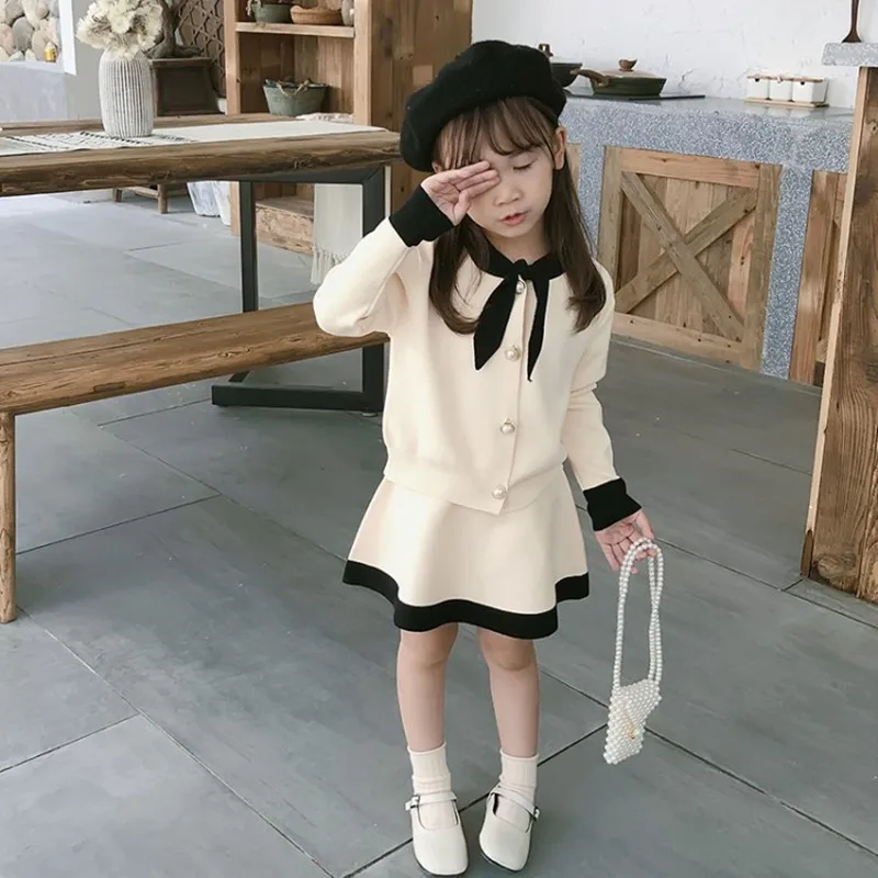 beige CROAL CHERIE/Детские осенние комплекты одежды для девочек, верхняя одежда, пальто+ юбка, детский вязаный свитер, теплый свитер для девочек, 100-140 см - Цвет: beige