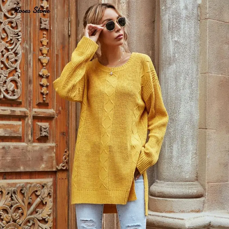 Свитер Женский вязаный желтый с разрезом сбоку свободный теплый осень 2020 |