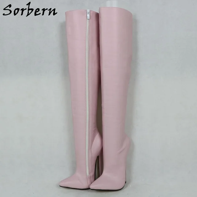 Pink 18cm Heel Sorbern/женские сапоги до колена на каблуке 18 см/12 см; толстые зимние сапоги с острым носком; женские сапоги размера плюс для транссексуалов; широкий выбор - Цвет: Pink 18cm Heel
