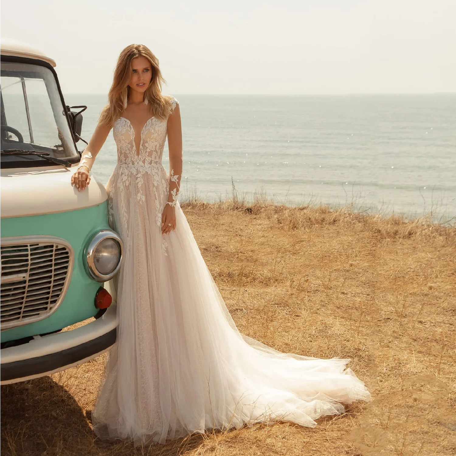 De manga larga de vestidos de boda Boho Apliques de encaje vestido de novia 2021 Simple con cuello en de vestido para boda en la playa - AliExpress Bodas