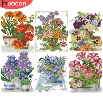 

HUACAN DIY Cross Stitch Flower 11CT 14CT Embroidery Needlework Sets Cross Stitch Flowers Kits White Canvas Home Decor