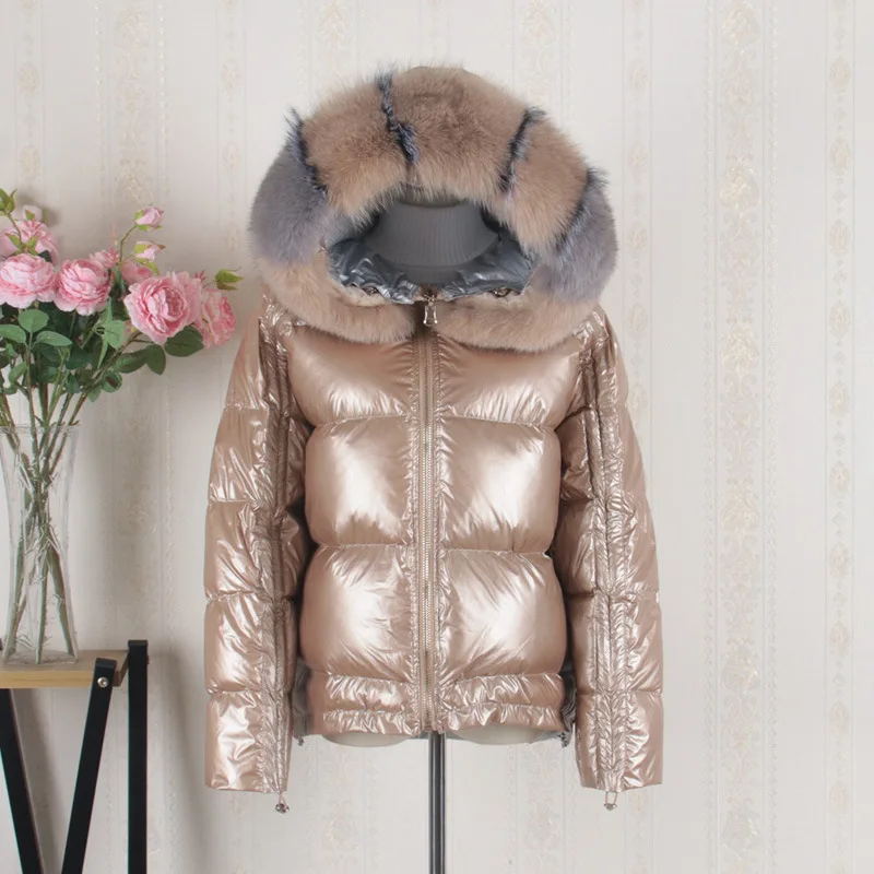 Nagodo, Женская куртка-пуховик, натуральный Лисий мех, воротник, пуховик, abrigo mujer, двойная одежда, утепленное пальто с натуральным мехом для зимы - Цвет: gold
