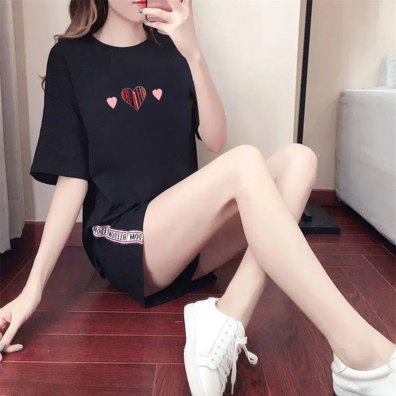 woman black Комплект из двух предметов, спортивный костюм, короткая летняя одежда для женщин, плюс Размер 3xl, Женский Повседневный короткий костюм со штанами, Студенческая верхняя одежда для девочек в стиле Харадзюку - Цвет: woman black
