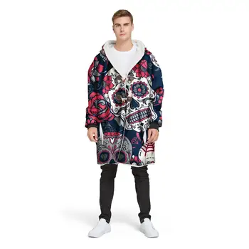 

Rose Sugar Skull Pattern Winter Thick Comfy TV Blanket Wearable Coat Blanket For Adults Men Outdoor Travel Jacket With Sleeves