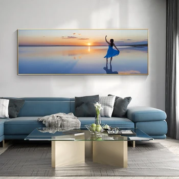 

Natural Blue Beach Sunset Women Seascape Posters and Prints Canvas Painting Scandinavian Wall Art Picture for Living Room